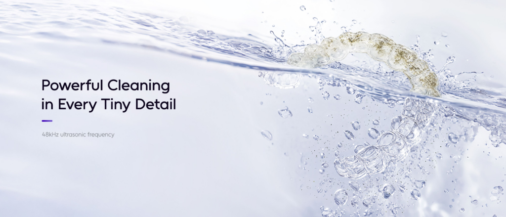 7MAGIC SonicPod Go cordless retainer cleaner shown in bathroom, post-workout and travel settings for portable daily oral appliance care.