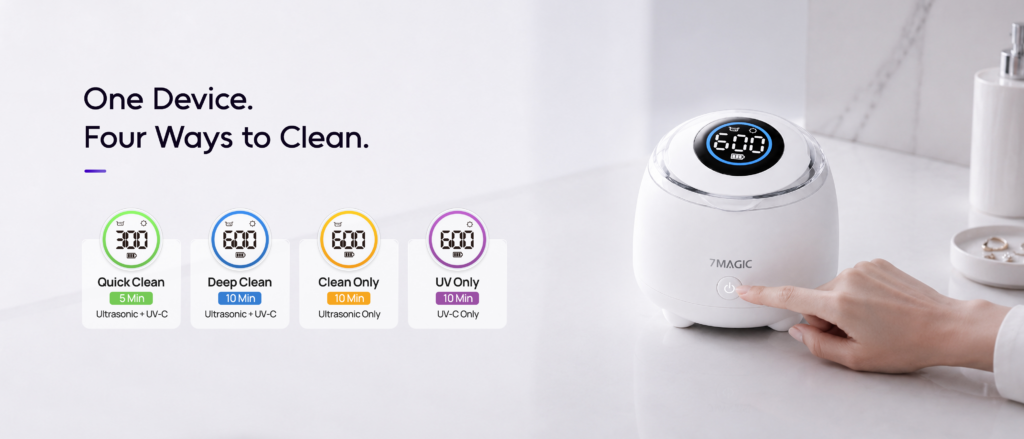 7MAGIC SonicPod Go 48kHz ultrasonic cleaner displaying four smart modes through a digital timer and simple one-touch control.
