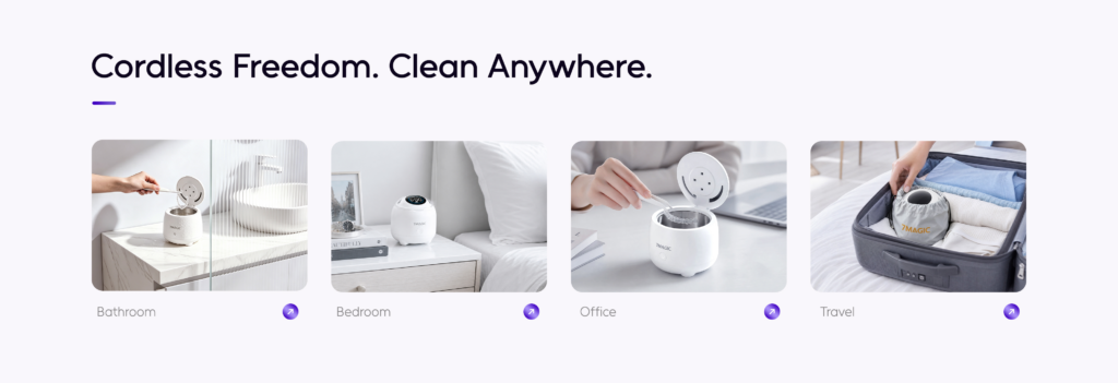 7MAGIC SonicPod Go low-noise ultrasonic cleaner operating below 42dB beside a bed for peaceful nighttime oral appliance care.