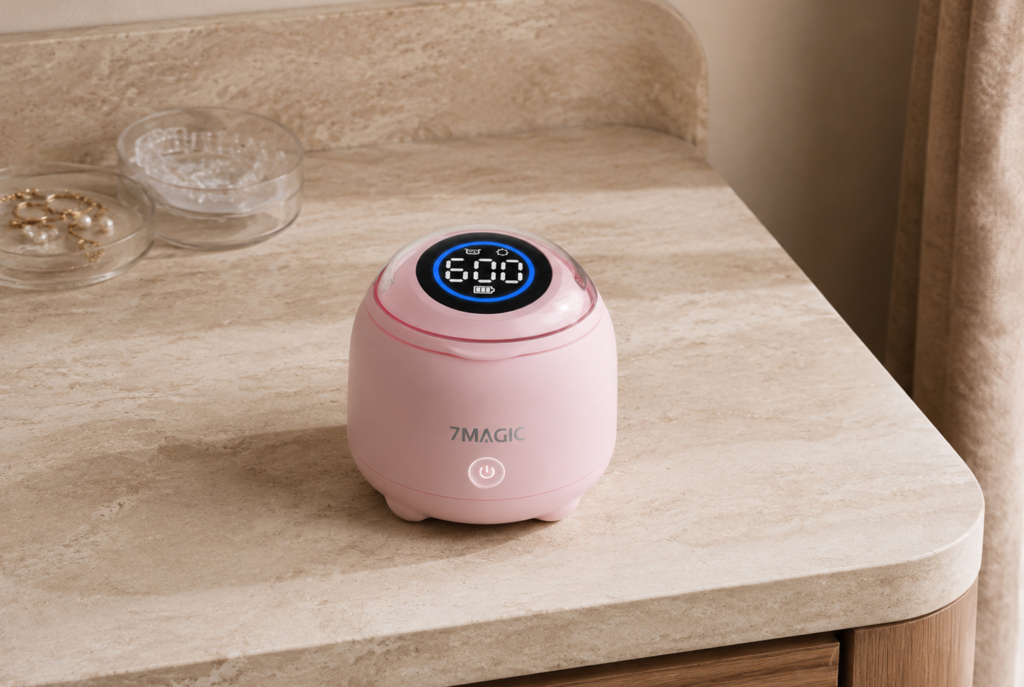 Pink 7MAGIC SonicPod Go portable dental pod with digital countdown display and one-touch control for modern personal care spaces.