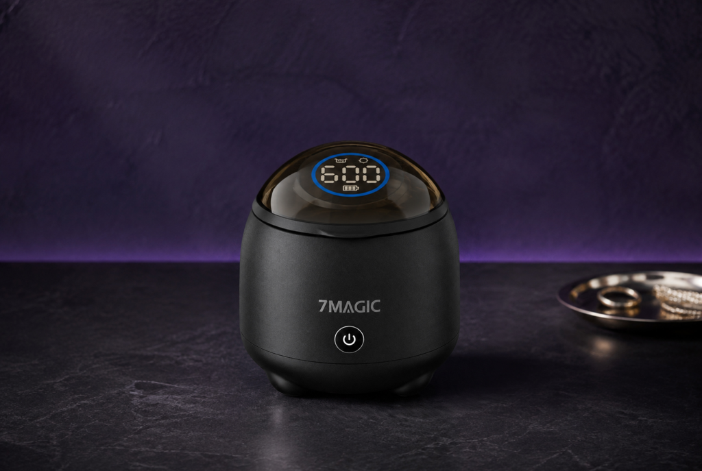 7MAGIC SonicPod Go portable retainer cleaner shown in bathroom, post-workout and travel settings for everyday cordless oral appliance care.